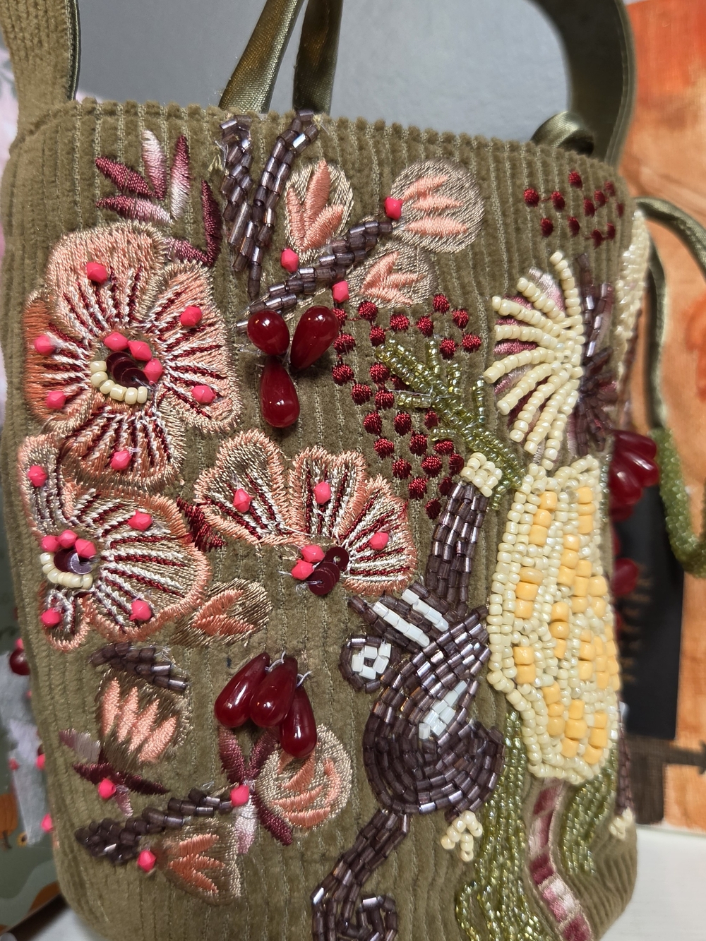 Embroidered Beaded Floral Bucket Bag - Olive Green - Picture 5 of 5